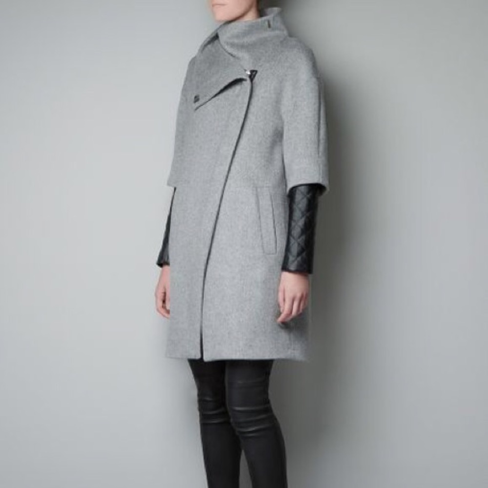 ZARA faux leather sleeve gray wool zip coat